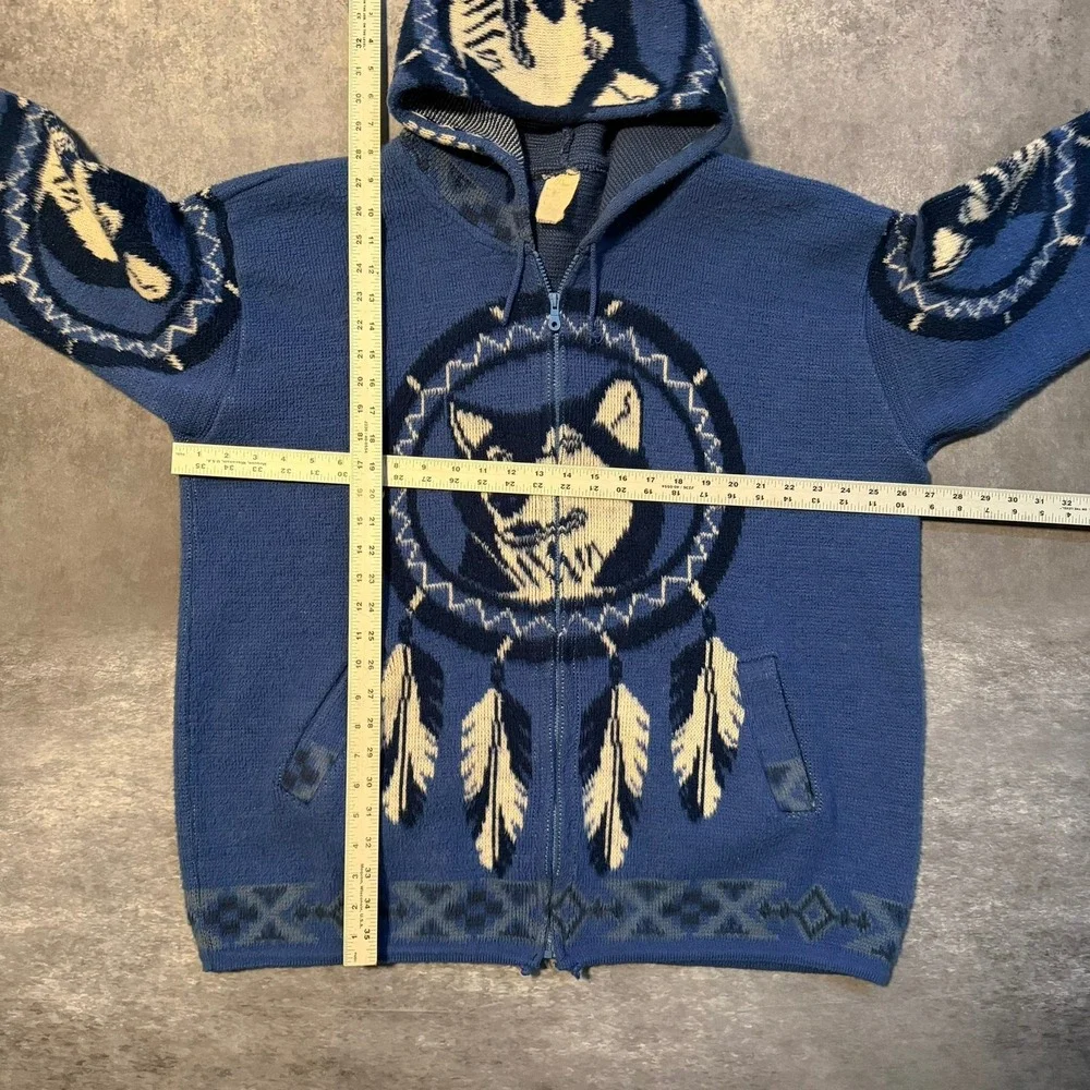 VTG Wool Wolf Dreamcatcher Zip Up Hoodie‎ Native American Blue Mens XL Ecuador